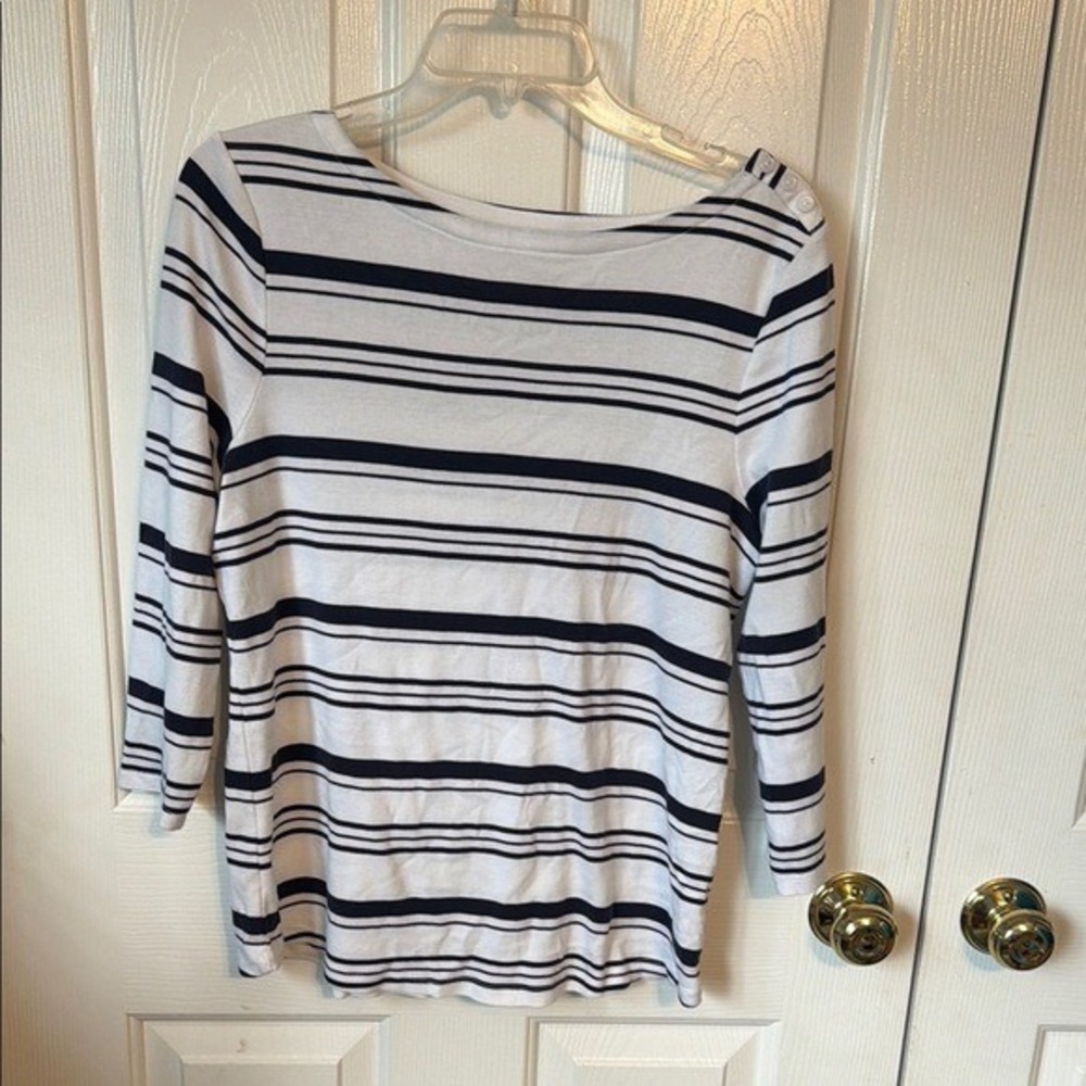 Charter Club Womens Supima Cotton Striped Boat Neck Button Shoulder‎ Top Navy L